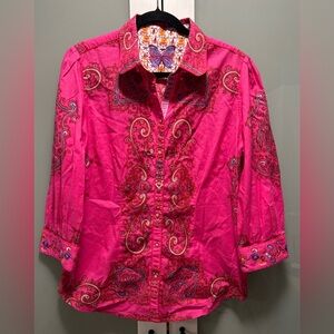 Robert Graham Women’s Buttons Down Fuchsia Shirt 3/4 embroidered Sleeveless L